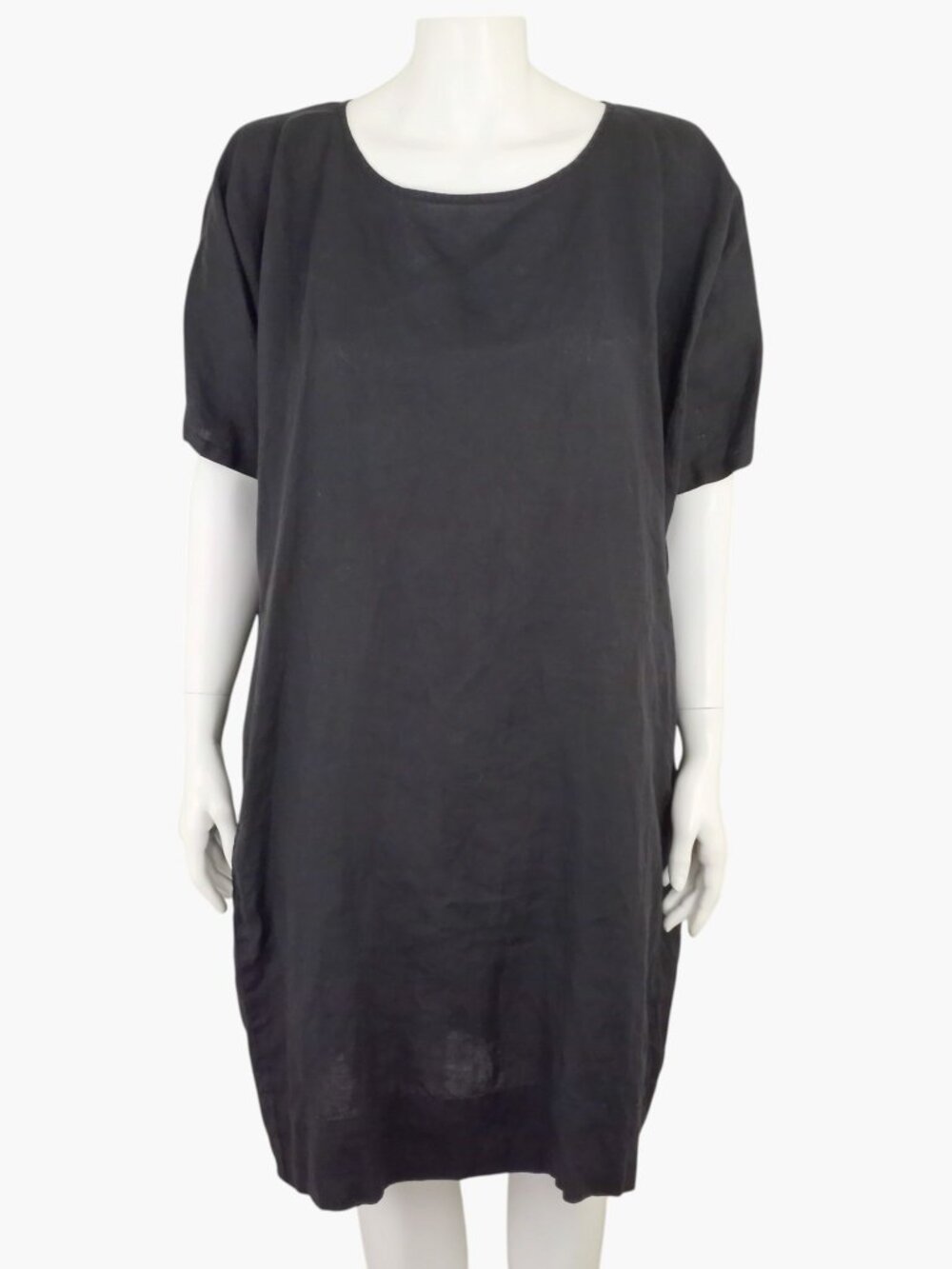 Eileen Fisher Black Organic Linen Short Sleeve Knee Length Boxy Dress Womens M